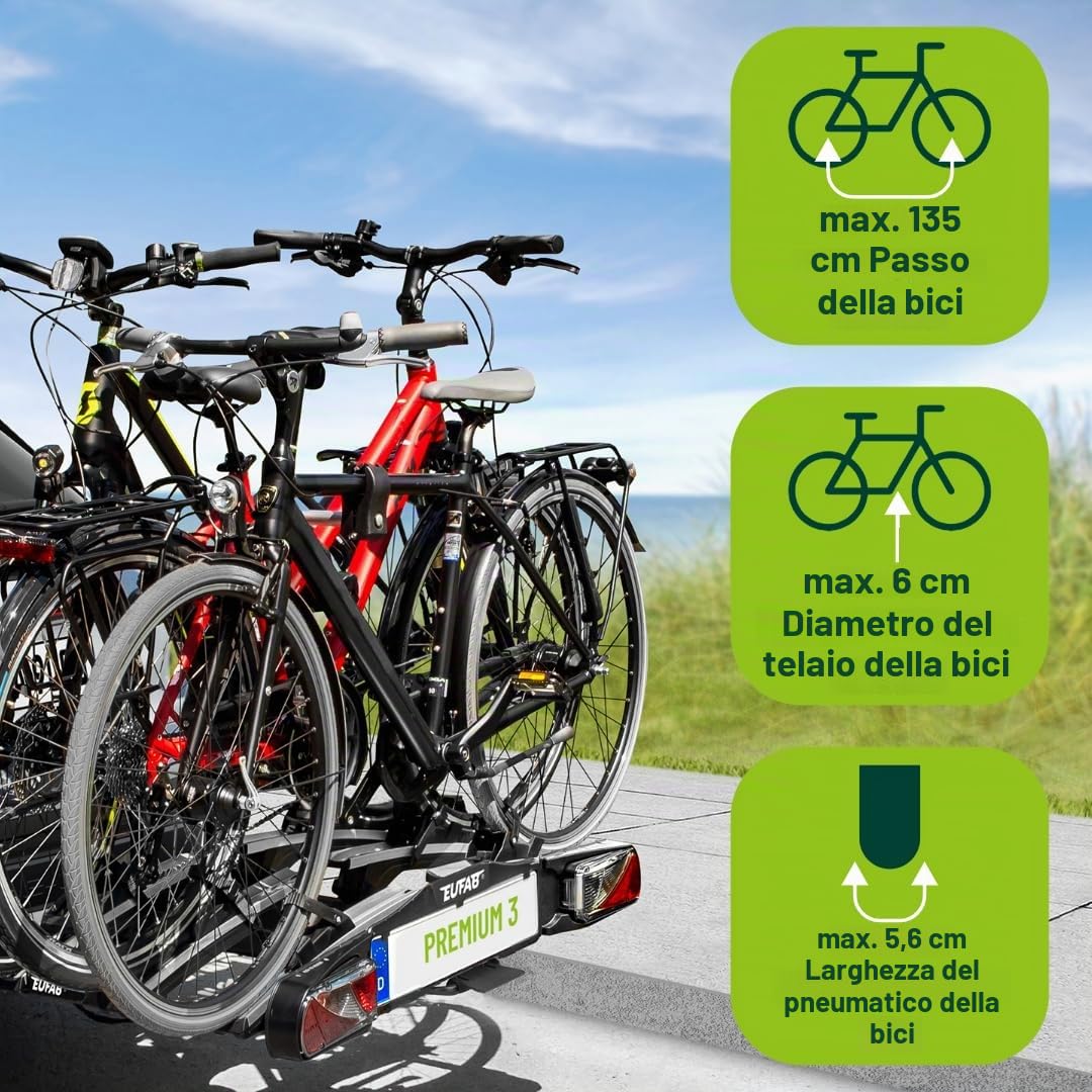 EUFAB Portabiciclette EUFAB 11522 PREMIUM 3, per gancio di rimorchio, pieghevole, per 3 biciclette
