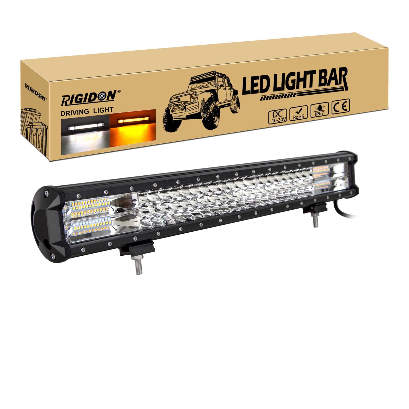 RIGIDON Barra Led Fuoristrada, 12V 24V 23" 60cm 324W Tripla Fila Barra Luce Led, Bianca Ambra Avvertenza Pericolo Luce Stroboscopica Lampeggiante Barra Luminosa di Lavoro per Auto Camion SUV 4x4