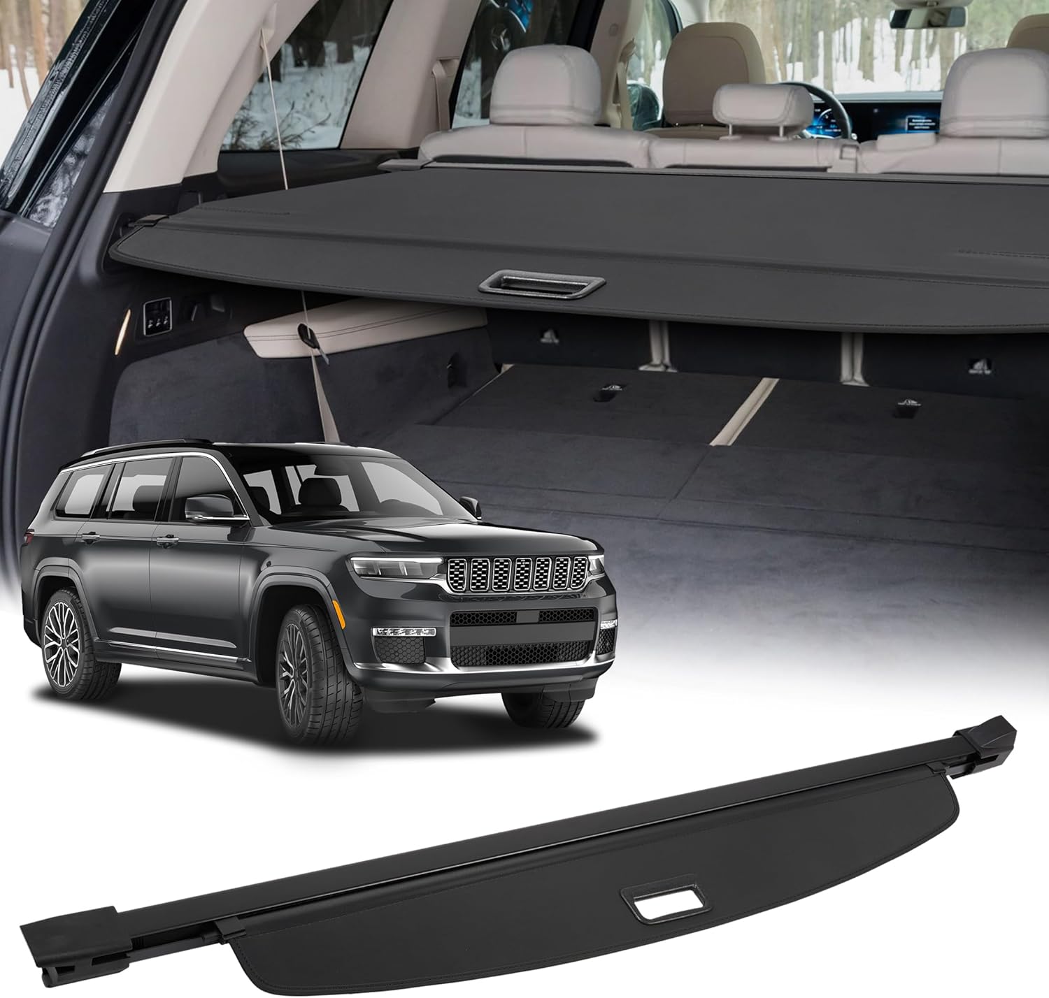 AUXMART Cargo Cover for All-New 2022-2024 Jeep Grand Cherokee Cherokee L (3-Row;WL) Rear Cargo Security Shade Cover Canvas Texture Trunk Cargo Cover for 2022-2024 Jeep Grand Cherokee Accessories