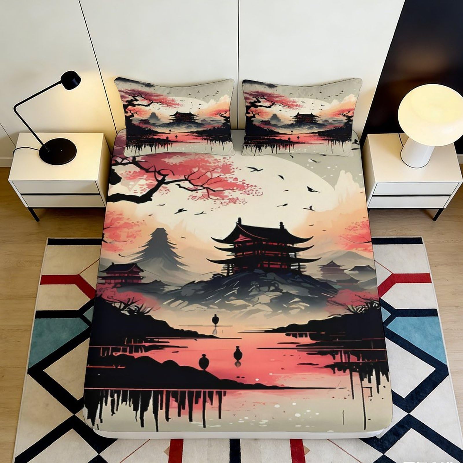 3D Printed Japanese Pagoda Landscape Fitted Sheet Microfiber Soft Pink Sakura Mountain Bed Cover for Bedroom Guest Room Easy Care 90x200x25cm