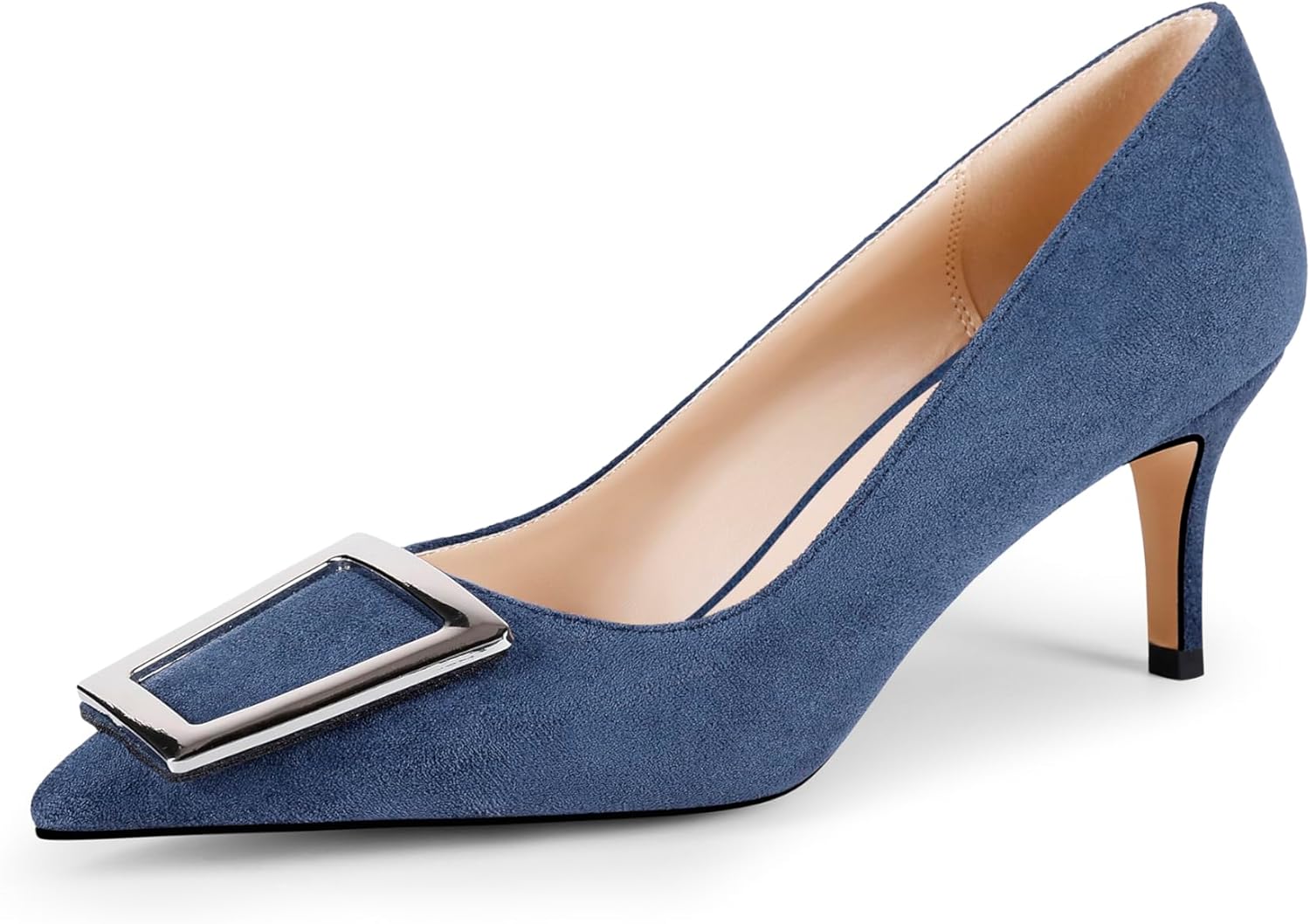 TRKYYK Women's Elegant Pumps Designer Heels,Pointed-Toe High Heels Trapezoid Metal Buckle Pumps Dress Office Party Shoes Blue-Suede Size 7