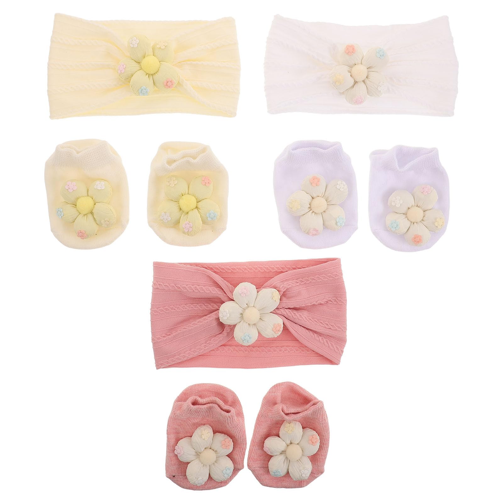SOESFOUFU 3 Sets Baby Girl Headbands and Socks, Non-Slip Grips Socks and Flowers Soft Hairbands, Hair Accessories for Infant Toddler Kids 6-12 Months, 3 Colors