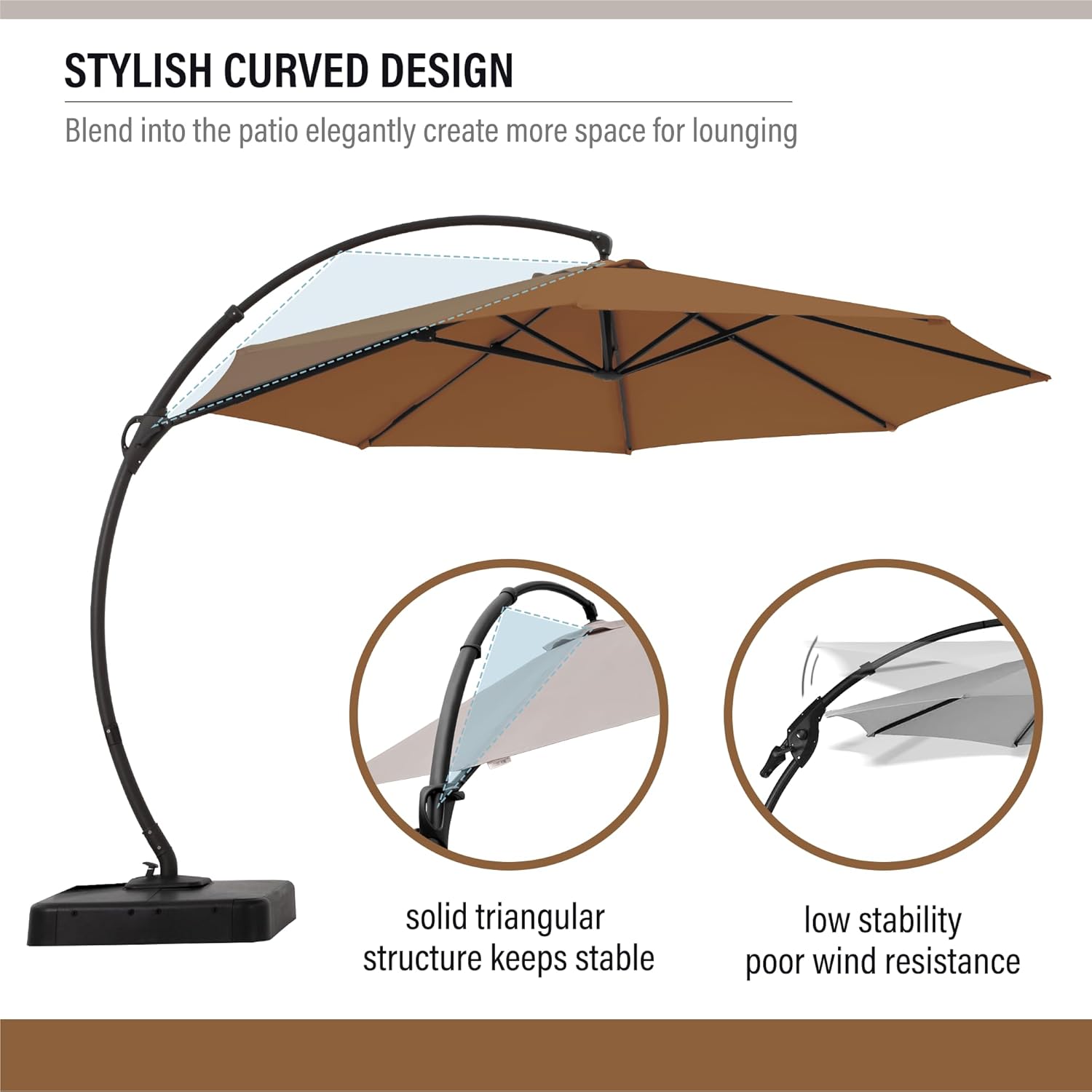 LAUSAINT HOME 11FT Cantilever Patio Umbrella with Base, 360° Rotation Offset Hanging Umbrella, Heavy Duty Curvy Outdoor Umbrella for Backyard, Poolside, Garden （Tan）