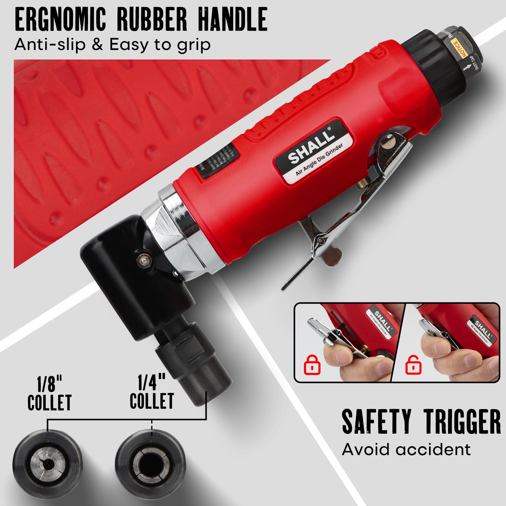 SHALL Amoladora de ángulo recto, 90 grados, pinzas de 1/4 y 1/8 pulgadas, 24 discos de lijado, conector de aire, lubricante y llave de portabrocas incluidas, para moler, pulir, desbarbar, grabar y