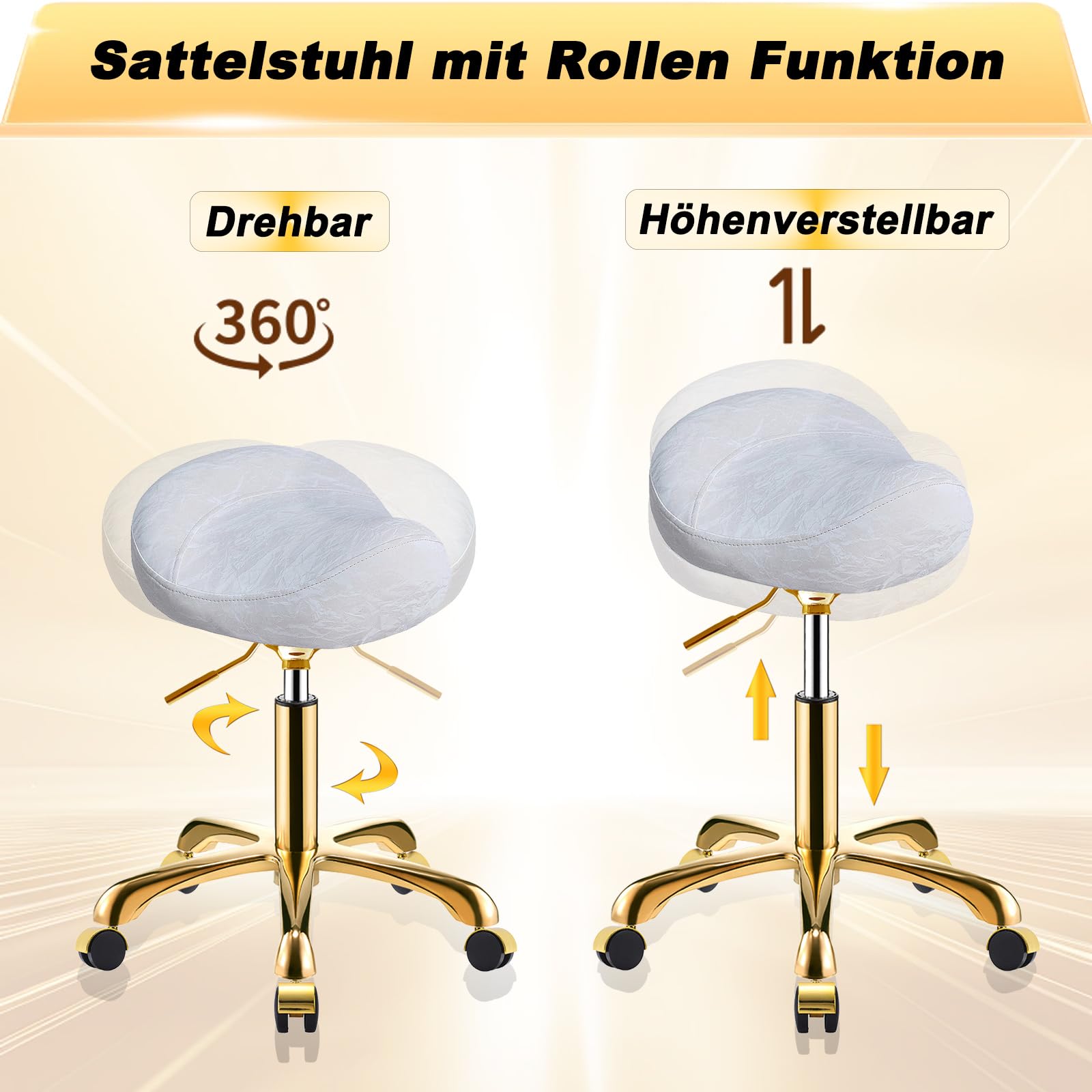 Dorado Taburete de Montar con Ruedas, Silla Tocador Banqueta Regulable, PU Cuero Patrón Glacial Giratoria Banquillo para Salón y SPA (Oro + Blanco, Sin Respaldo)