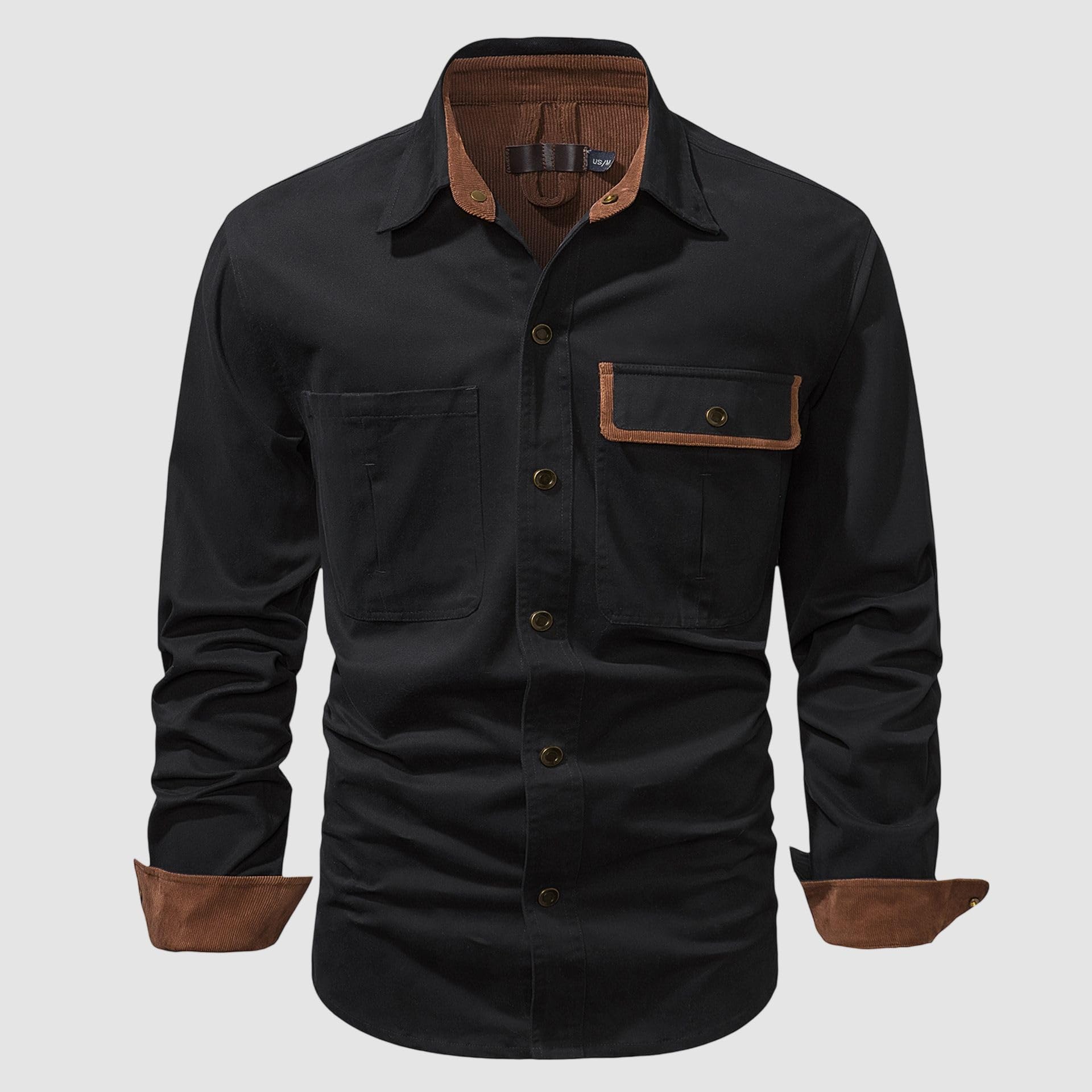 Camicia da lavoro in cotone tinta unita a maniche lunghe con colletto a taglio largo lavato