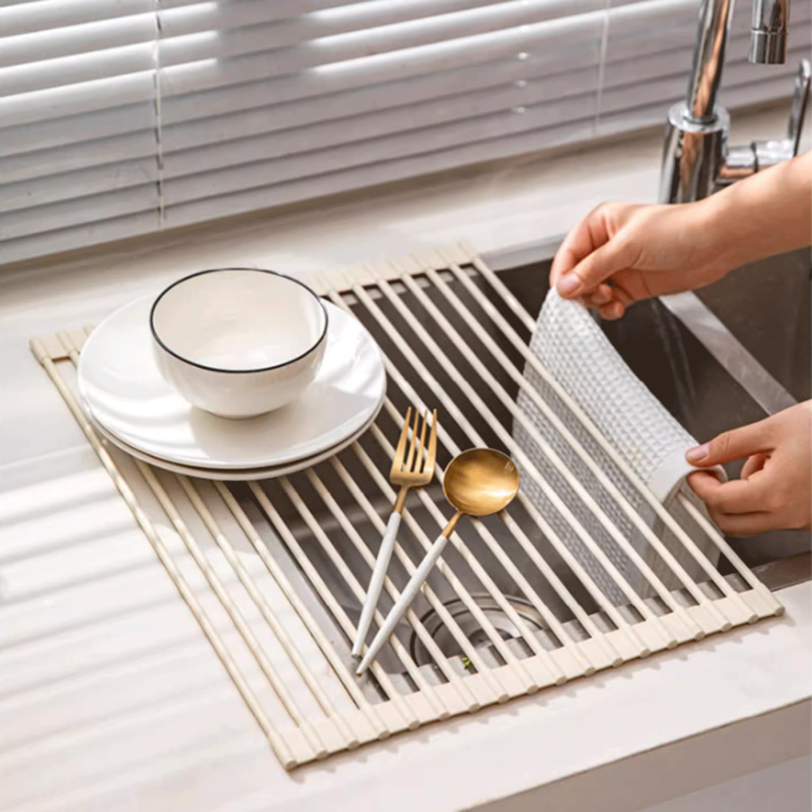Escurreplatos Rejilla de Secado de Platos de Silicona sobre Fregadero, escurridor Plegable para Cocina, escurridor de Platos rodante, Soporte para Cubiertos para Fregadero de Cocina