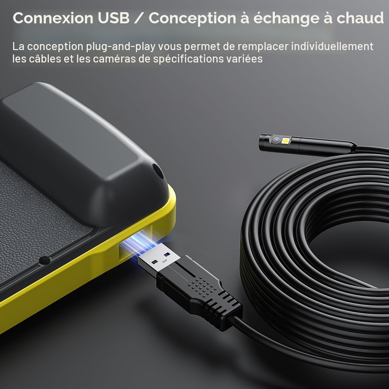 Endoscope numérique HD Industriel 1080p à Double Objectif, caméra d'inspection Endoscope IPS de 5,0" avec étanchéité IP67 et 8 lumières LED, câble Semi-Rigide de 5M.