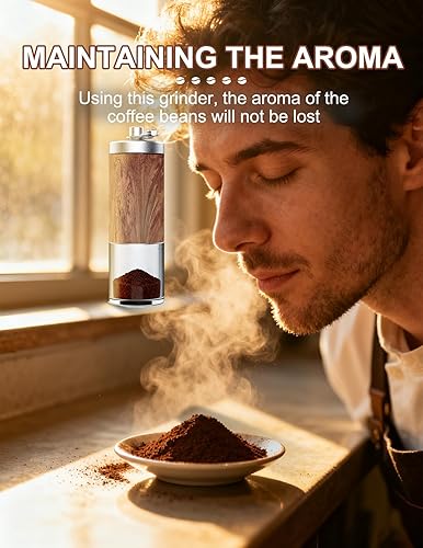 Miniatura 5 de Molinillo de café manual con acabado de grano de madera, compacto 5 rebabas cónicas preestablecidas, capacidad de 1.06 oz para todos los métodos de