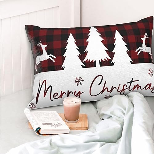 Miniatura 4 de JOOCAR Fundas de almohada de copos de nieve de búfalo a cuadros rojos y negros de 12 x 20 pulgadas, funda de almohada clásica retro de Navidad,