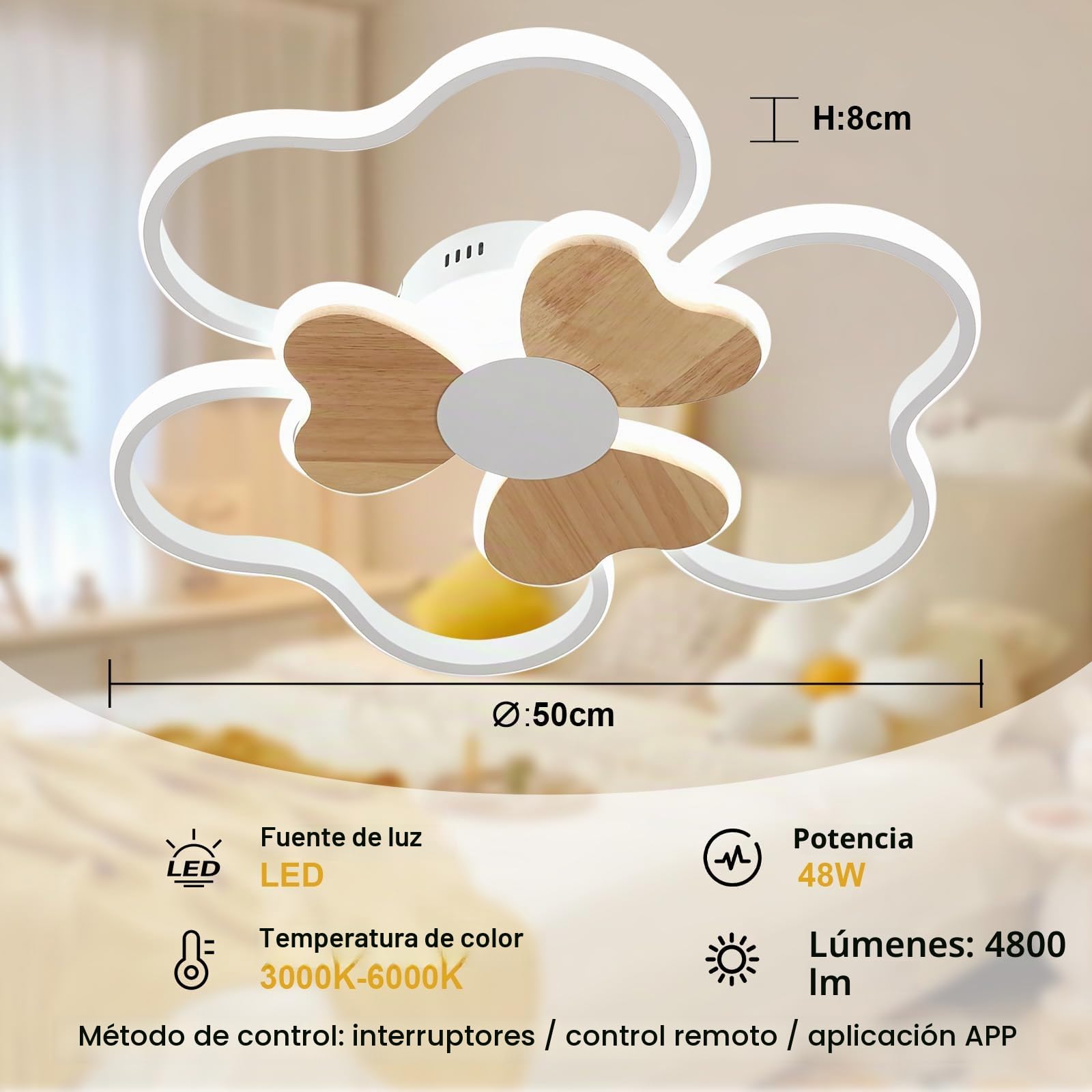 Lampara Infantil Techo,48W Lampara Techo LED Infantil Dormitorio Forma de flor Madera 3000K-6000K Regulable con Control Remoto, Plafón LED Techo de 50CM para Cuarto de Niños Dormitorio