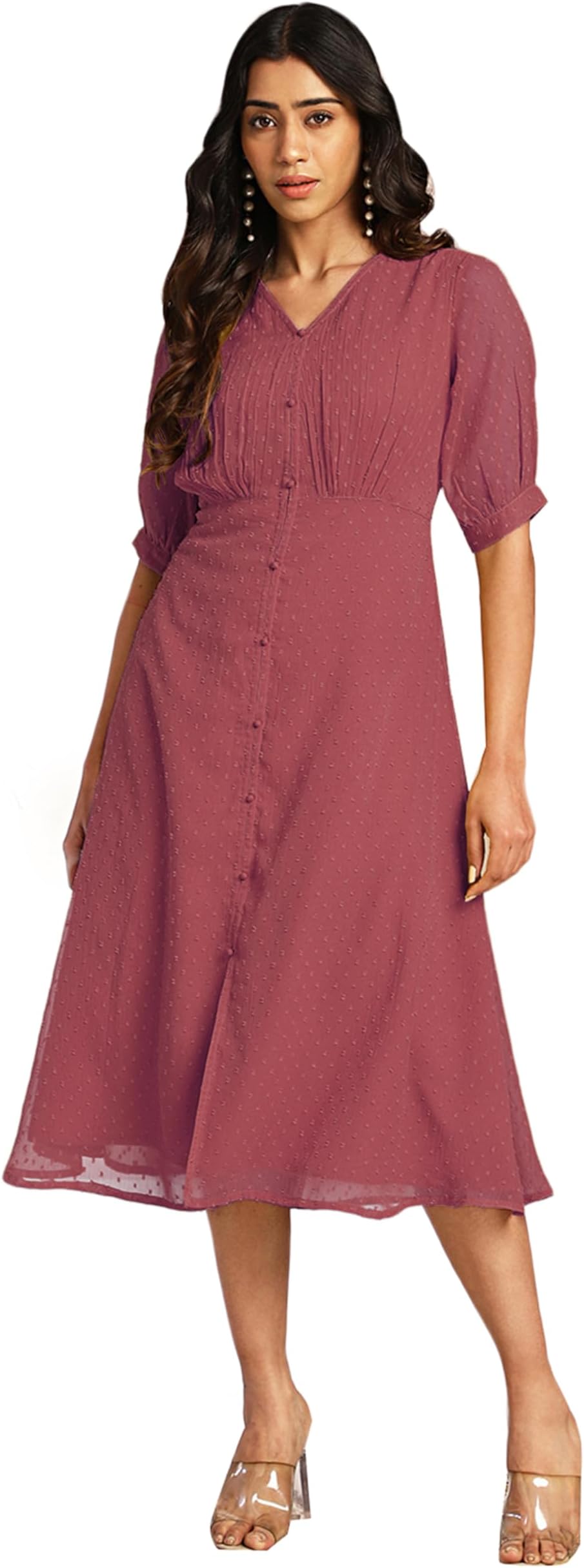 Janasya Women's Dobby Chiffon Woven Design A-Line Calf Length Dress
