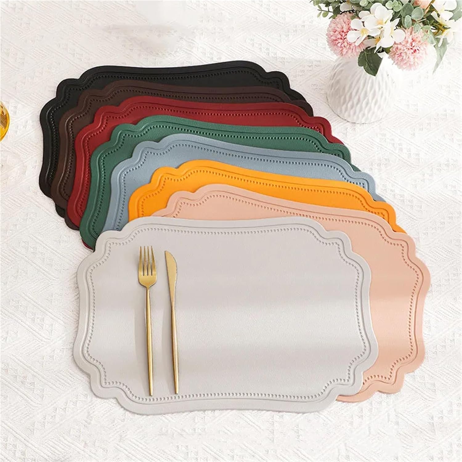 Orange Halloween Placemats Table Mat Square Tableware Pad PU Leather Non-Slip Waterproof Placemats Soft Bowl Coaster(Square Pink,30x45cm 10pcs)