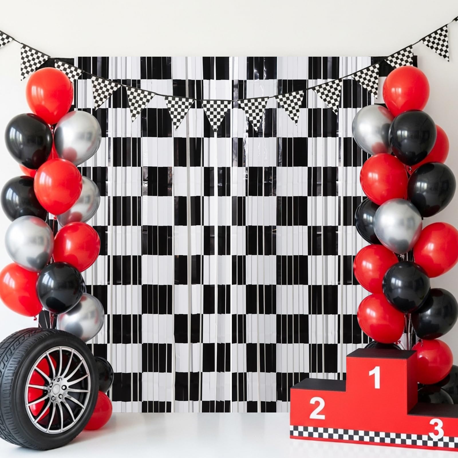 TONIFUL 2 Packs Race Car Checkered Foil Fringe Curtains 3.3 x 6.6 ft | Black and White Metallic Tinsel Streamers Curtain Backdrop for Race Car Themed Birthday Sports Party Photo Booth Decorations
