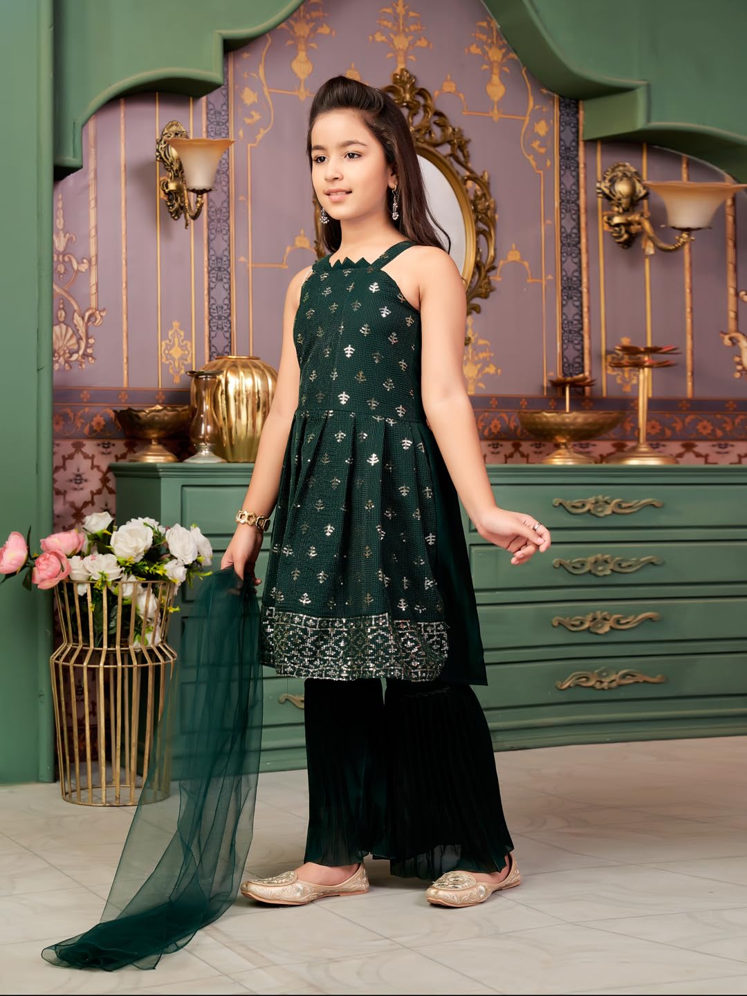 Aarika Girls Ethnic Wear Green Colour Sequin Embroidery Georgette Kurta Sharara Set With Dupatta-3-13 Years (Sh-Shm-5002)