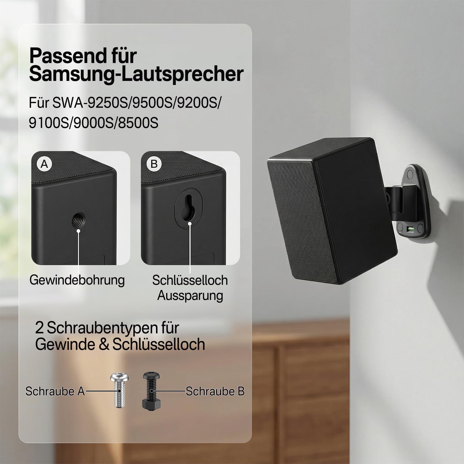 Lautsprecher Wandhalterung für Samsung SWA-9250S/9500S/9200S/9100S/9000S/8500S Kabelloses Rücklautsprecher-Set – Verstellbare Neigung & Drehung, Hochbelastbare Metallhalterung bis zu 22 Pfund, Paar