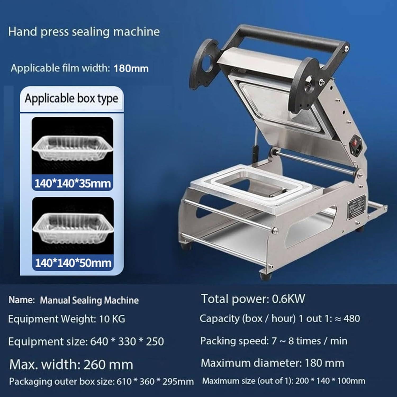 Máquina de sellado térmico comercial para llevar, sellador de bandejas manual a presión, 7-8 sellos/minuto para envasar alimentos cocinados, verduras, mariscos, sándwiches, 180 x 120 mm