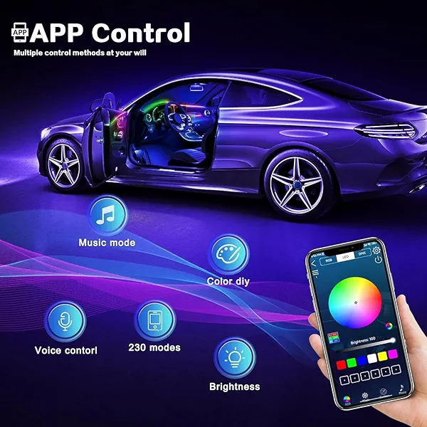 Dreamcolor Acrylic Interior Car LED Strip Light with Wireless APP, RGB 6 in 1 with 175 inches 593 LEDs Fiber Optic Strip Lights for Car, Dynamic Chasing Music Sync Neon Car Ambient Lighting Kits