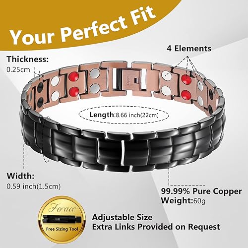 Miniatura 7 de Feraco Pulsera de cobre para hombres 4 elementos pulseras magnéticas elegante 99.99% joyería de cobre sólido con imanes (negro)
