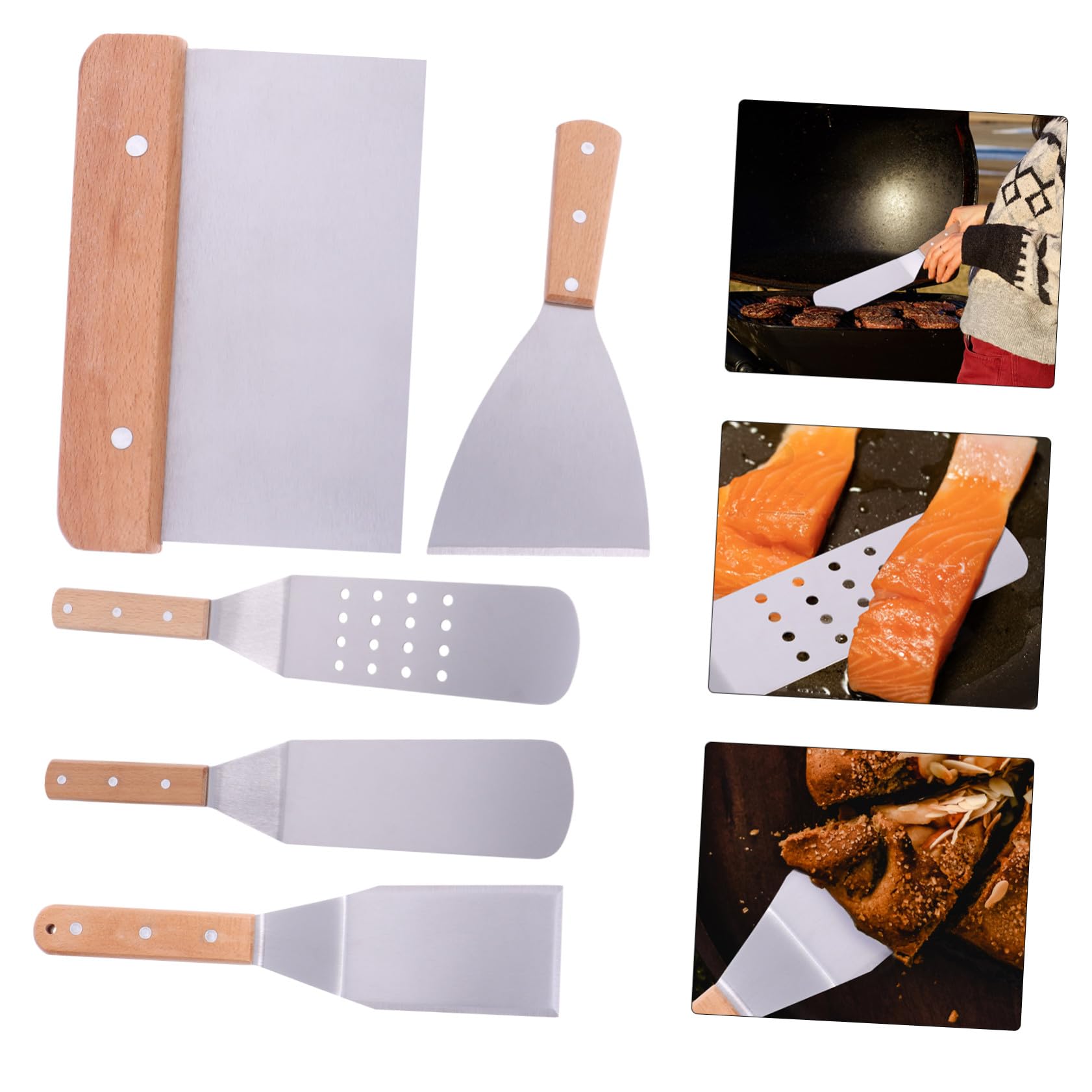Toyvian Espátulas De Acero Inoxidable Para Pizza y Transferencia De Pasteles Mango De Madera, Juego De 5 Piezas, Resistente y Práctico, Accesorios De Cocina Para Hornear y Cocinar