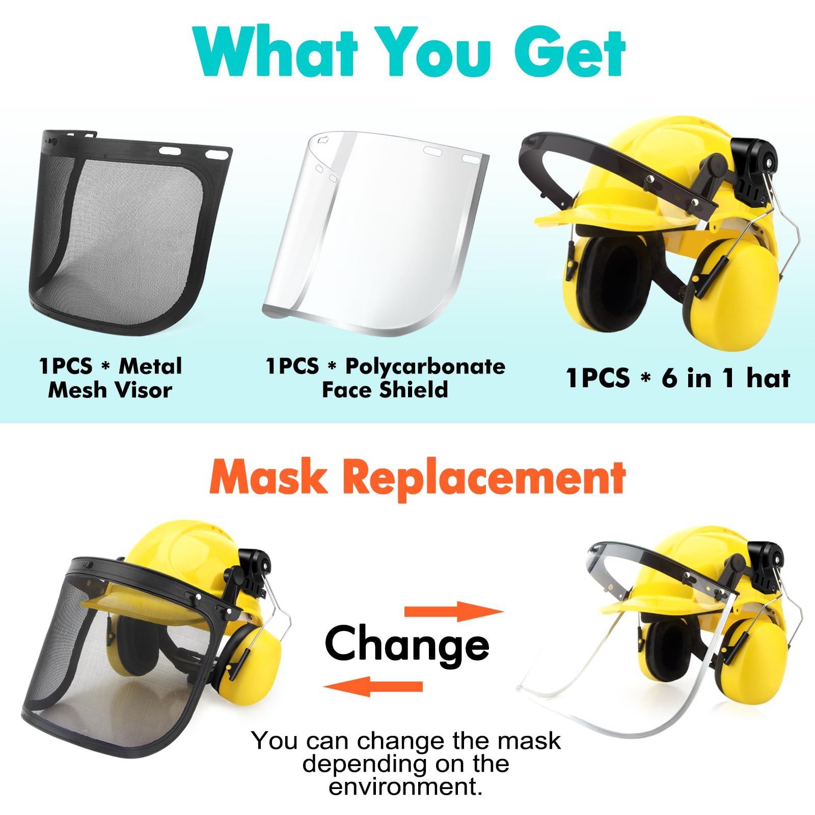 Casco di sicurezza forestale industriale 6 in 1 e sistema di protezione dell'udito; Attrezzatura per la protezione del viso con due visiere protettive