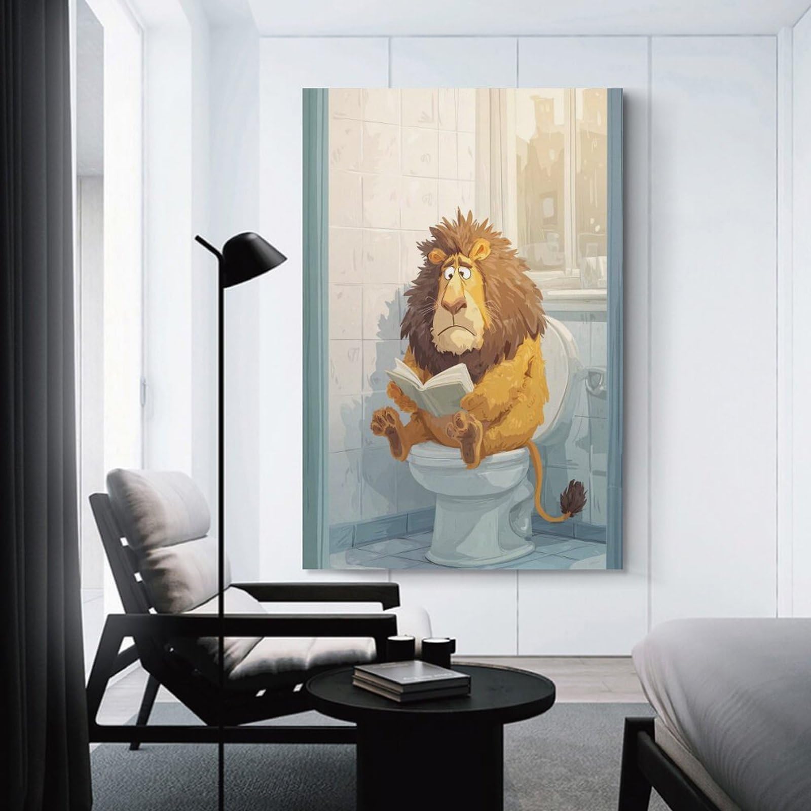 Junmoney Home Decor Wall Art Lion Reading on Toilet Cartoon, 20x30inch(50x75cm), for New Homes, Bedrooms Or Workspaces, Home Decor Gift with Stylish Appeal