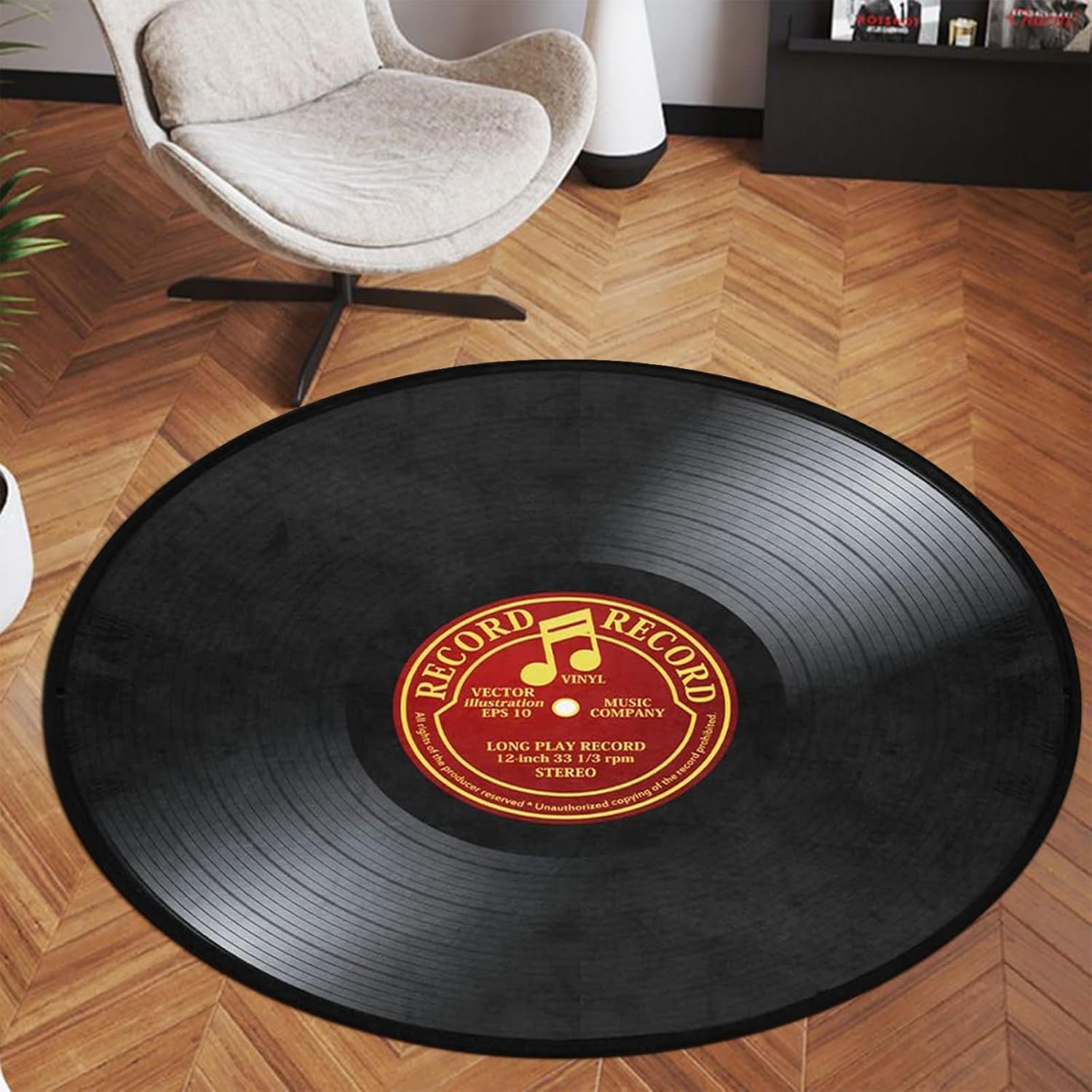 KeepCute Music Record Black Round Area Rug - 3' Diameter, Non-Slip, for Bedroom, Living Room