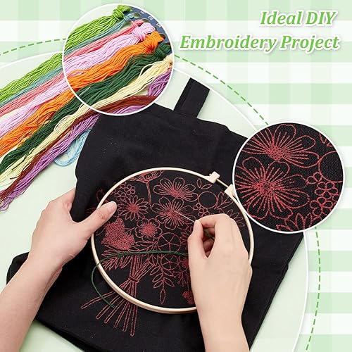 Miniatura 3 de WADORN Kit de bordado de bolsa de lona para bricolaje con patrón de flores, bolsa de mano negra, kit de iniciación de bordado hecho a mano, bolsa