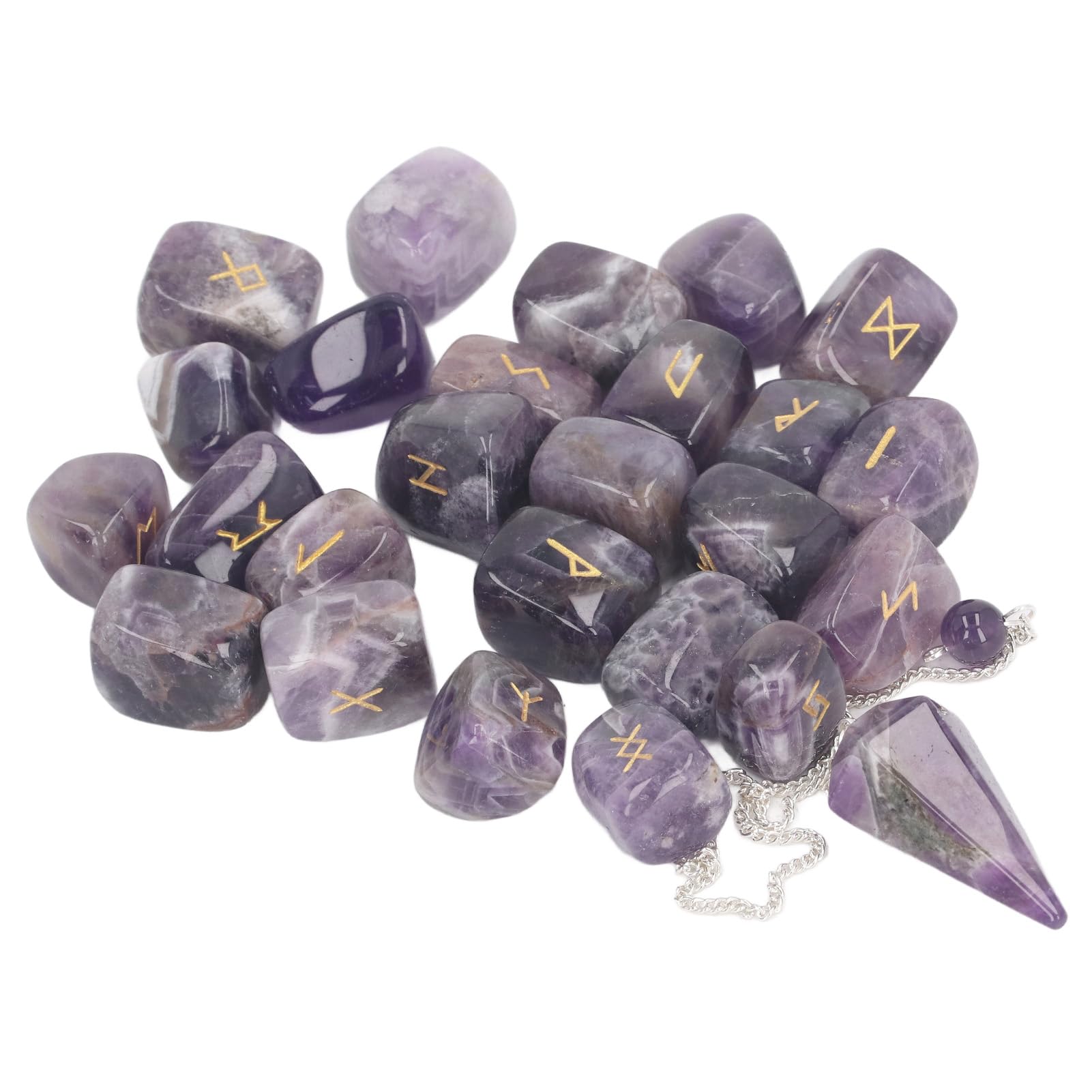 Juego de 25 Piedras Runas, Péndulo y Bolsa de Cristal, Curación, Chakras Equilibrados, Mente Pacífica, Adivinación, Meditación para Problemas Emocionales, Colección de Rocas,