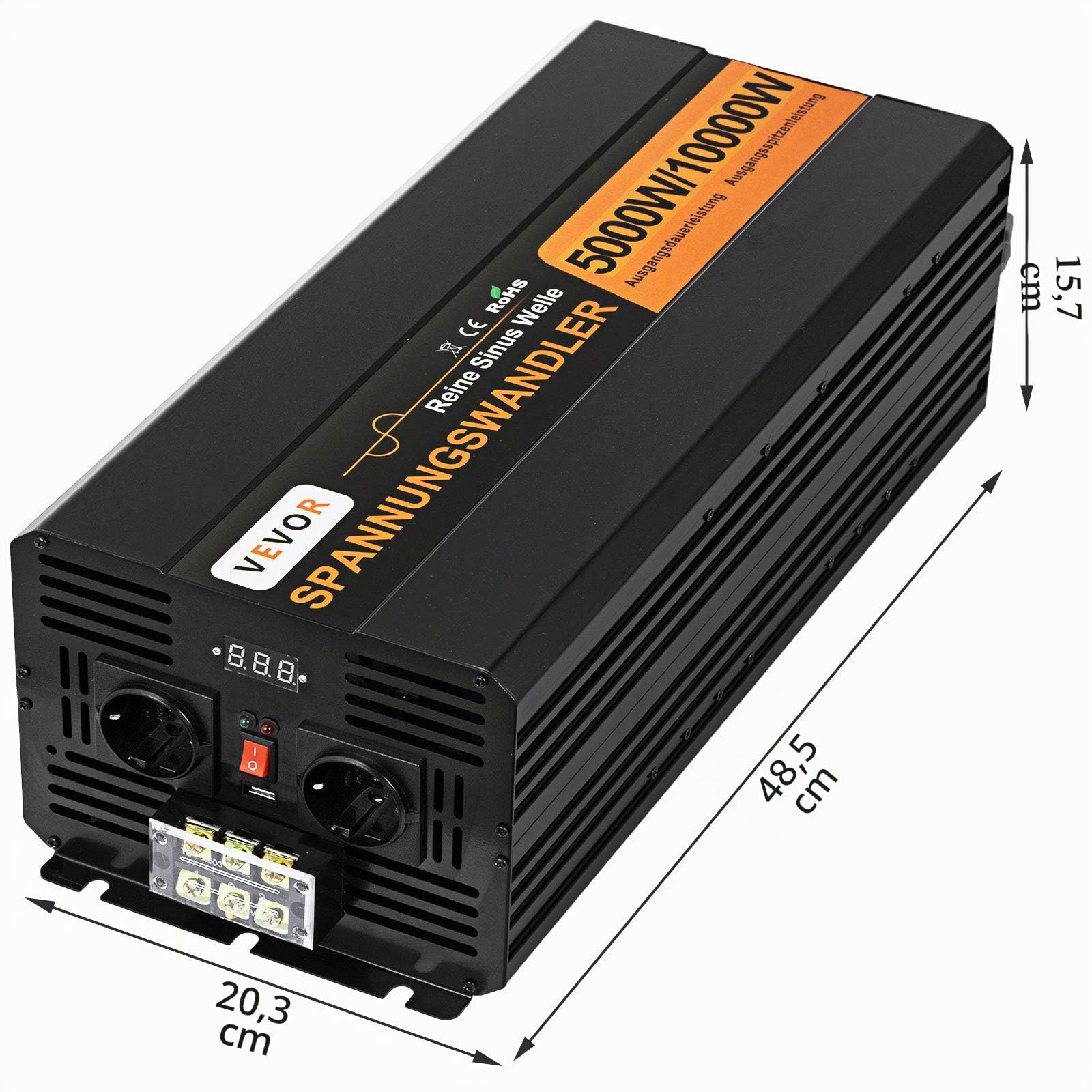 VEVOR Inversor de Onda sinusoidal Pura, 5000W 10000W, convertidor de Voltaje DC 24V a 230V AC LCD USB Ventilador de enfriamiento de Alta Velocidad de Aluminio con Control Remoto por Cable