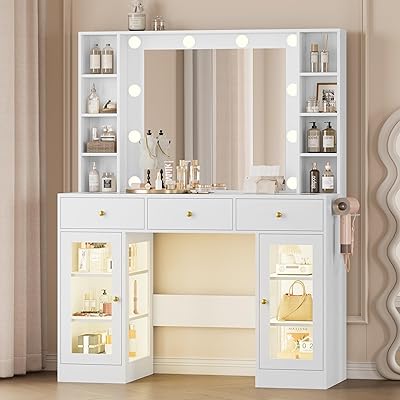 Makeup Vanity Desk with Mirror and Lights, White Vanity with Glass Top, LED Lights & Power Outlet, 3 Drawers & 2 RGB Glass Cabinets, Adjustable Lighted Dressing Table for Women & Girls Bedroom