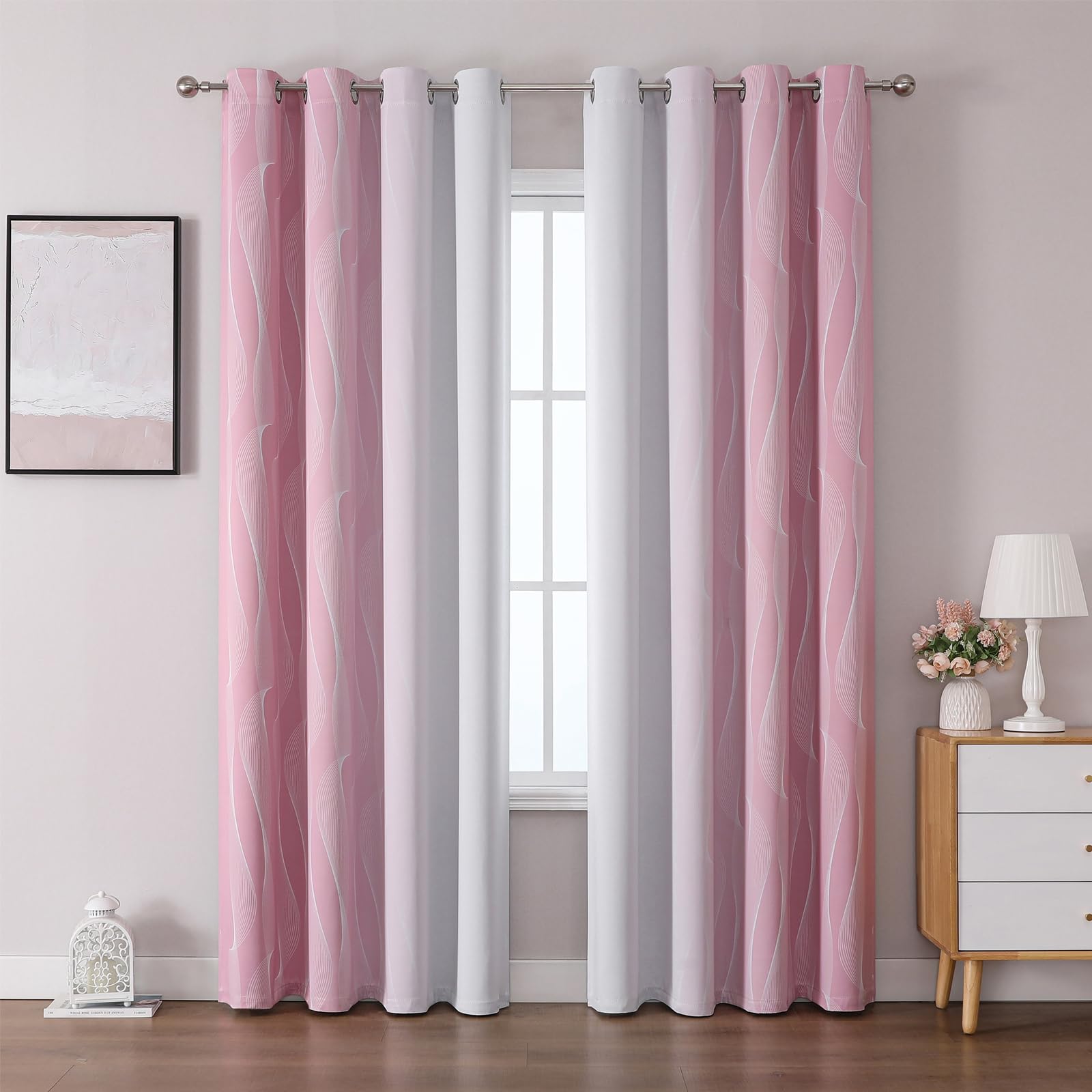 Gazal Vole Pink and White Ombre Curtains for Girl's Room – Modern Gradient Drapes with Wave Line Pattern, 80 inch Drop, 80-90% Room Darkening for Nursery Bedroom Living Room & Office, 2 Panels