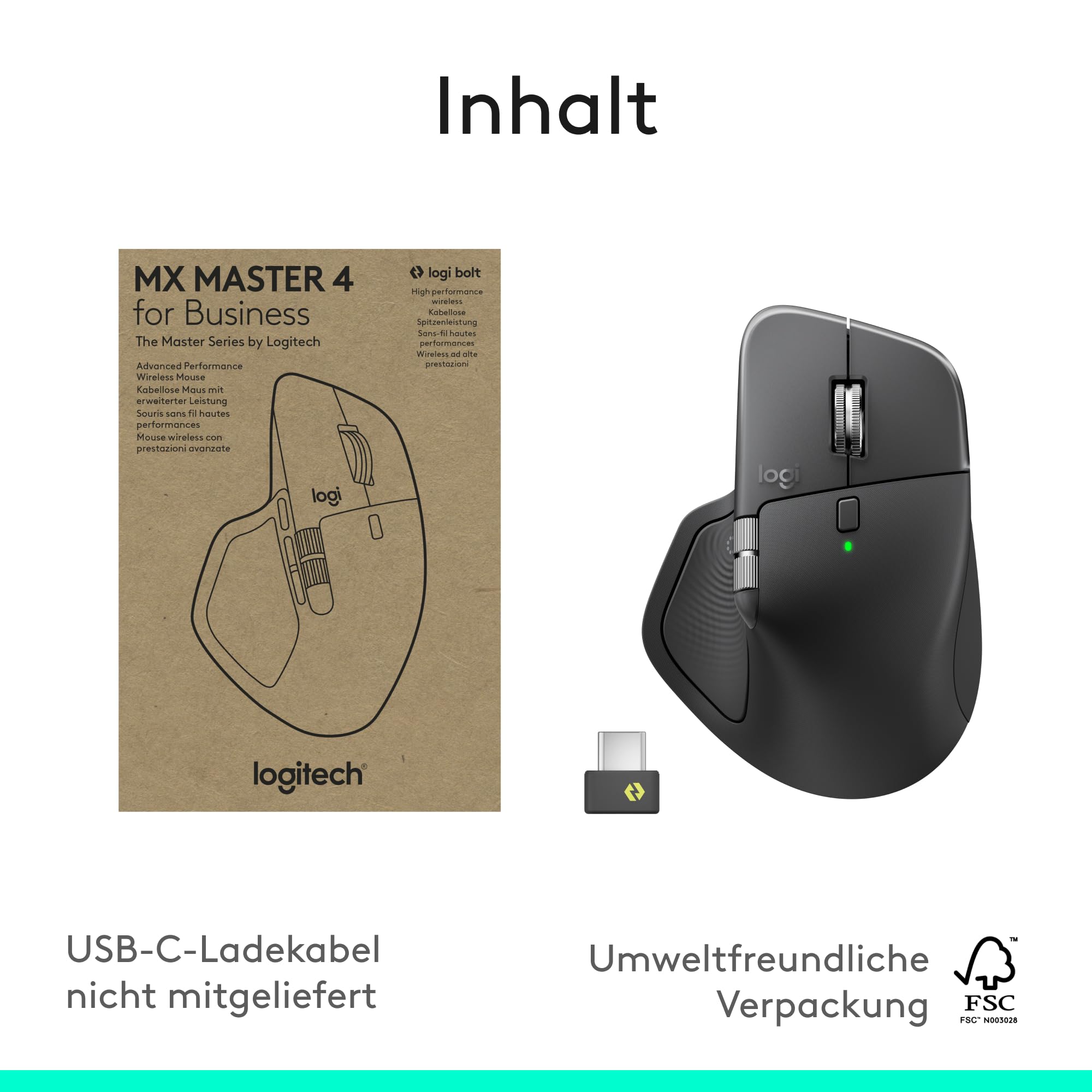 Logitech MX Master 4 for Business Wireless Maus, MX Keys für Business Wireless Tastatur mit Logi Bolt Empfänger, Bluetooth, USB-C-Ladung, leisen Klicks, Windows,Mac,Chrome,Linux, DEU QWERTZ – Grafit