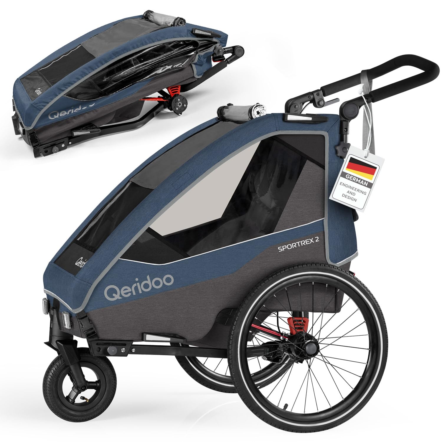 qeridoo fahrradanhänger sportrex2 2020 Sportrex 2 Limited Edition Jeans Blue | 2 Kinder | Faltbar Sammelkartenspiel Sonne und Spritzwasser Farbe:Mercury Red / Black Cube Stereo Hybrid 140