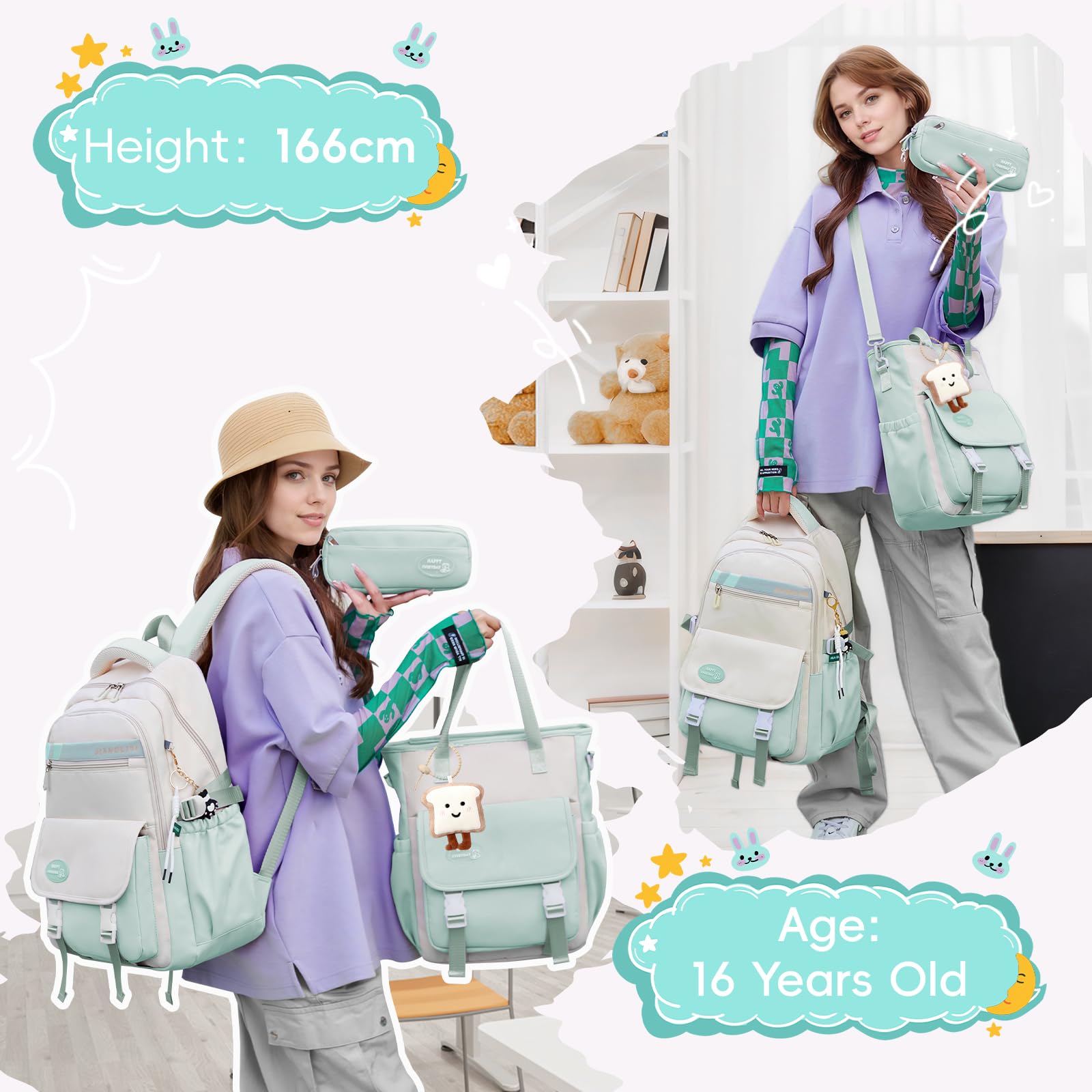 Tanou Schulrucksack Mädchen Rucksack für Teenager, Schultaschen-Set mit Studenten Umhängetasche und Federmäppchen, Kinder Schulranzen Casual Daypack School Bag for Girls