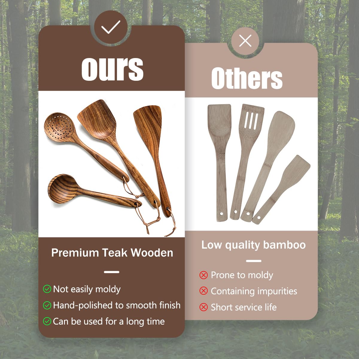 Cucharas de madera para cocinar, juego de 4 utensilios de madera de teca natural para cocinar, utensilios de cocina antiadherentes de primera calidad, herramientas de cocina de madera duraderas y