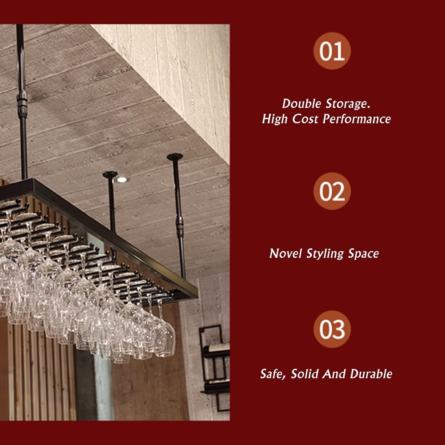 Ceiling Wine Glass Rack,Adjustable Wine Holder Cabinet,Wine Glass Drying Rack,Ceiling Mounted Wine Bottle Holder Champagne Glass Rack Bar Home (Color : Black, Size : 50cm)