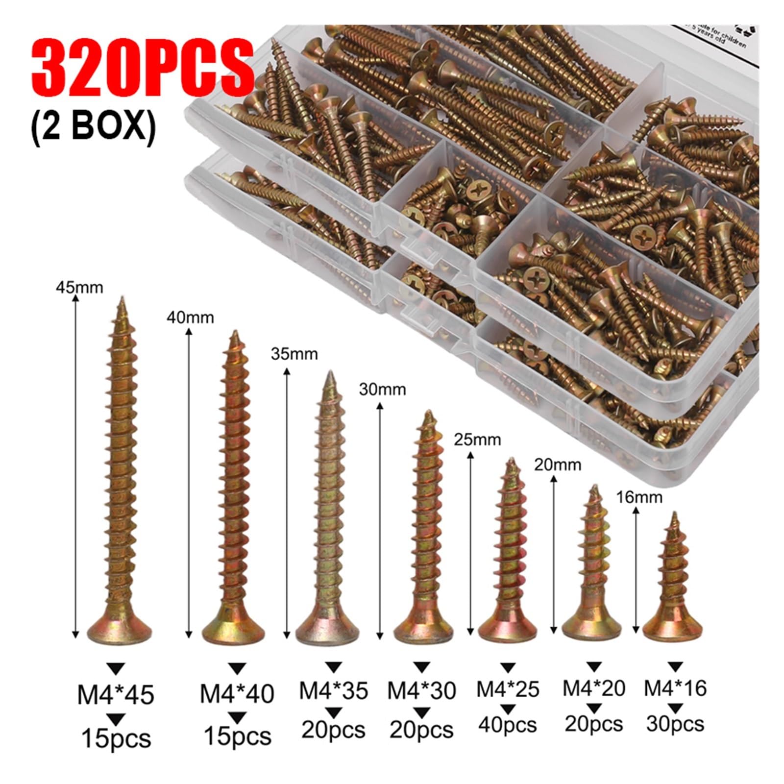 160/320 Pezzi Viti Autofilettanti In Metallo, Viti A Testa Svasata Piatta, Viti For Cartongesso, Viti A Croce For Legno, Kit Di Assortimento(320pcs (2 box))