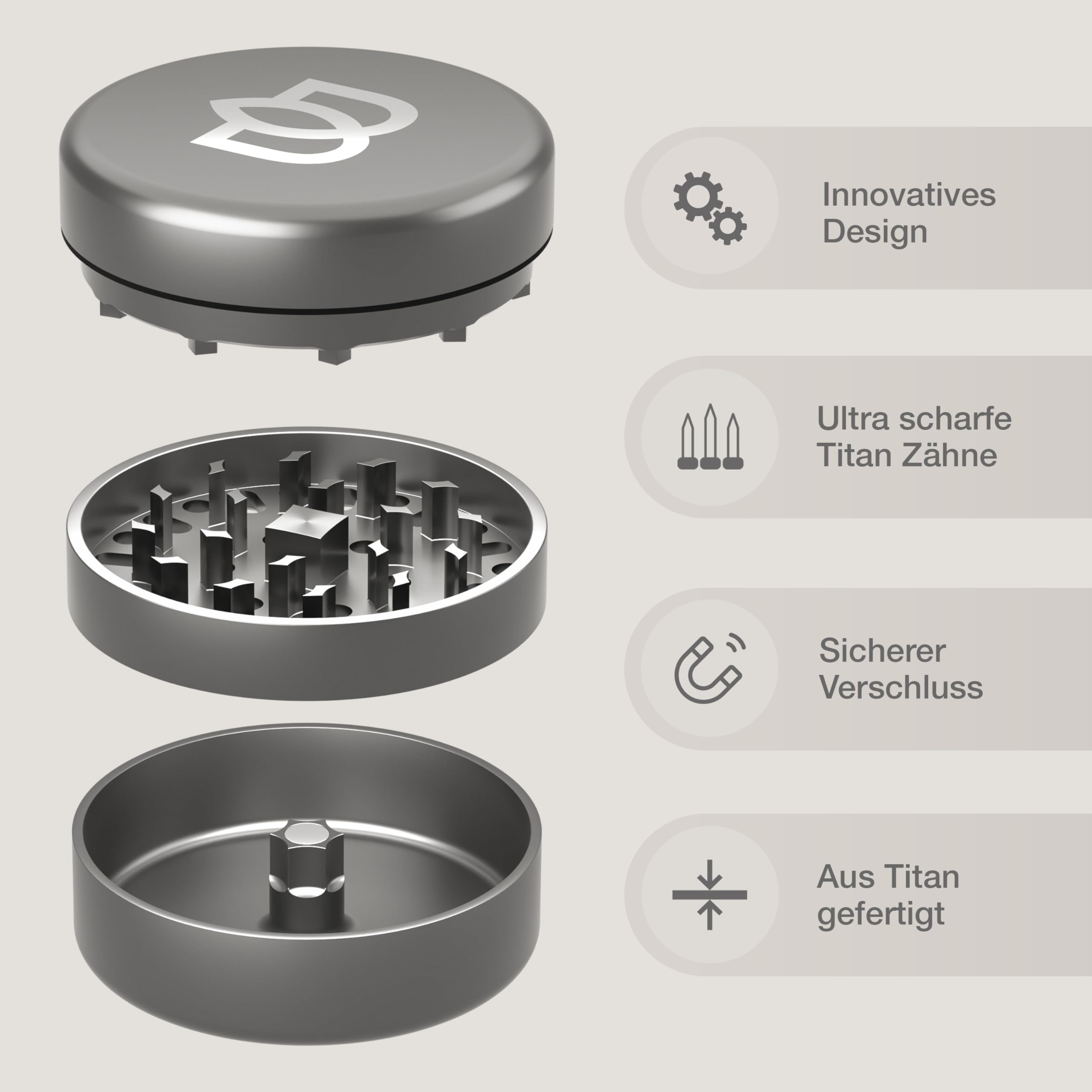 Bloomint Titan Premium Grinder Metall 62 mm, Crusher Korrosionsfrei und langlebig, Metall Grinder 3 teilig, Extra scharf