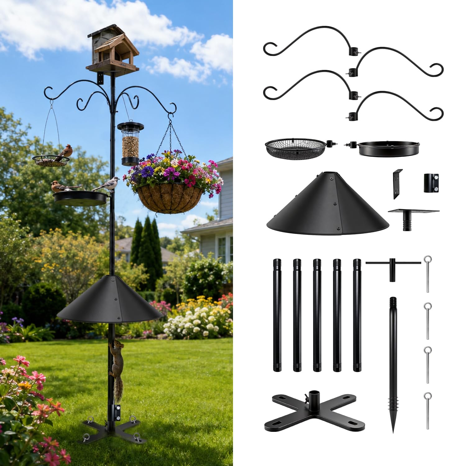 92 Inch Squirrel Proof Bird Feeder Pole with X shape Base Plate, Heavy Duty 1 Inch Dia Bird House Pole, Adjustable Multi-Hook Bird Feeding Station with Squirrel Baffle, Water Bowl &amp; Mesh Tray