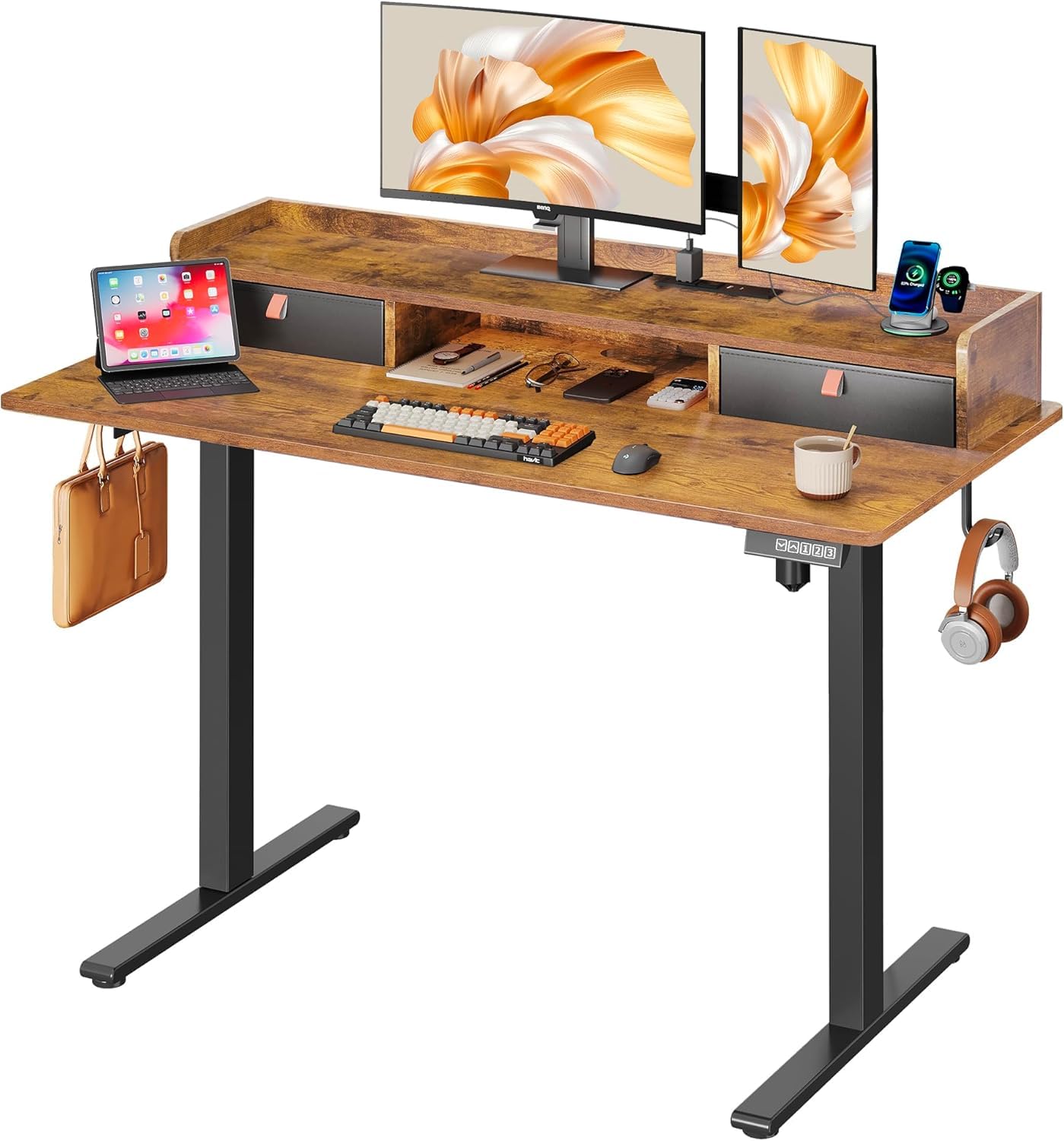 DEVAISE 48×24 Inch Electric Standing Desk with Drawers, Computer Desk with 3 Adjustable Height, Storage Shelf, Built-in 2 AC + 2 USB Outlets and Memory Preset, Sit to Stand Desk for Home Office, White