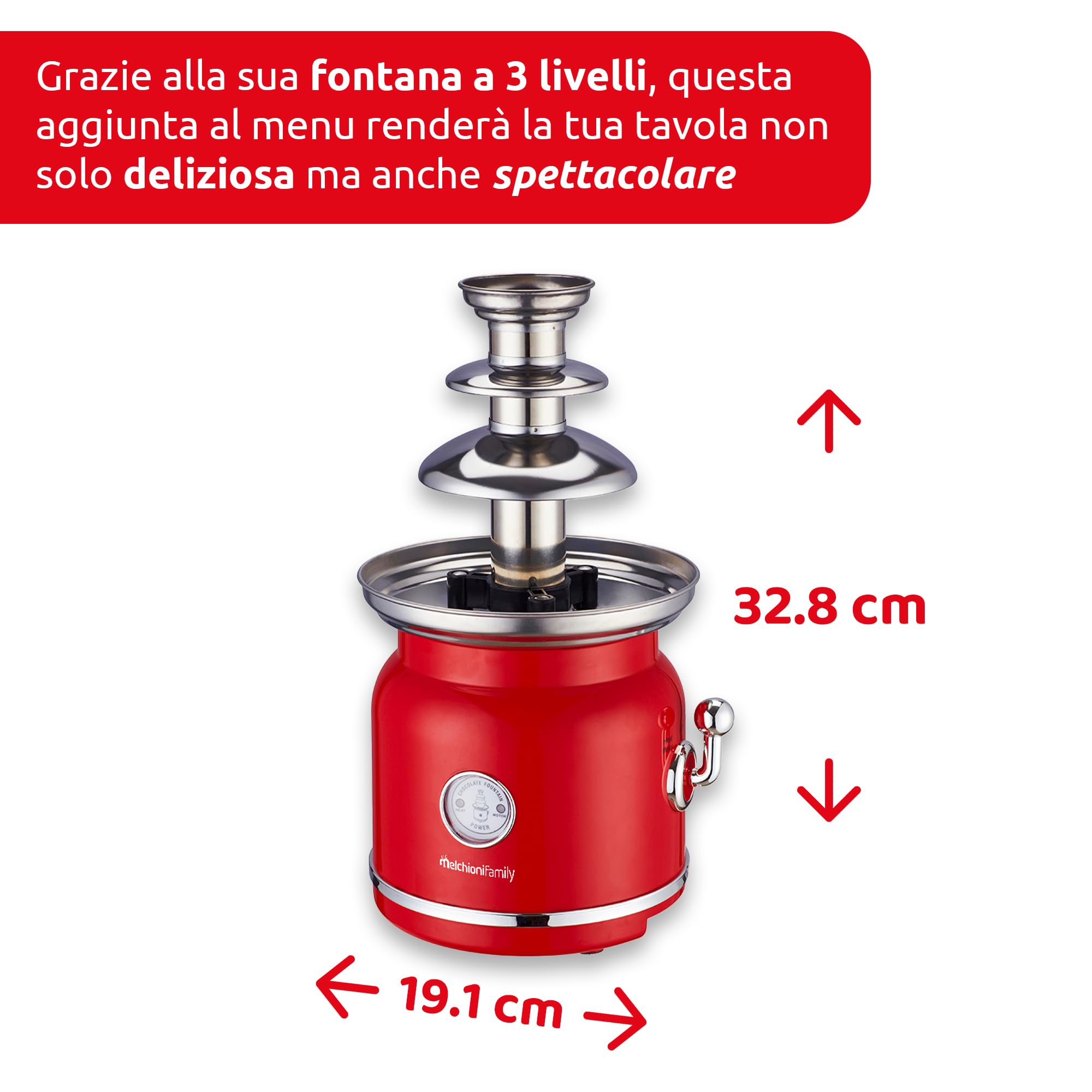 Melchioni Family Schokoladenbrunnen CHOCO mit 3 Stufen, mit Heizfunktion und Motorfunktion, 90 W, Rot