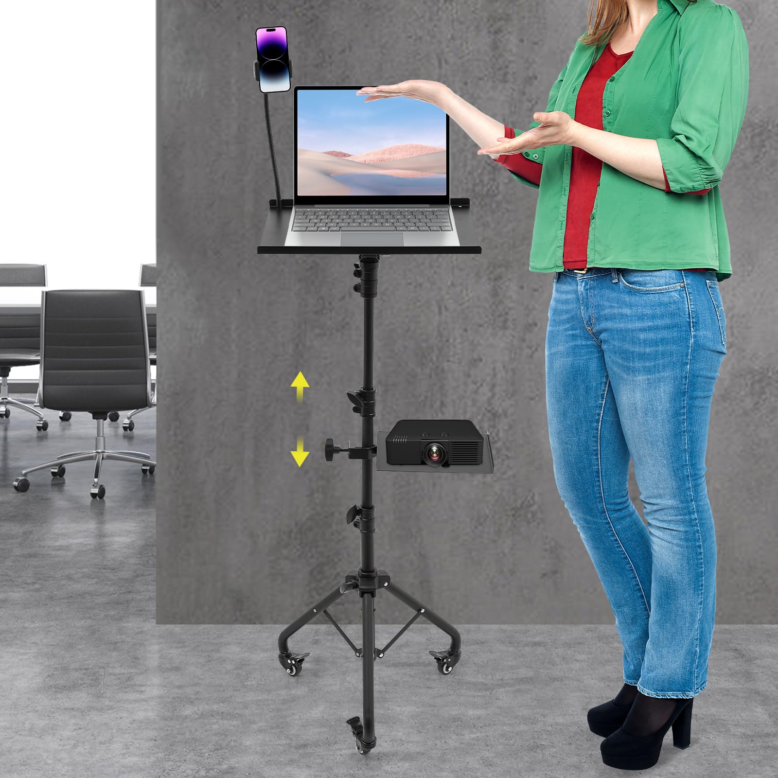 Supporto multifunzione per computer portatile e proiettore con 3 ruote (con freni), altezza regolabile e inclinazione, per laptop proiettore fotocamera, film all'aperto