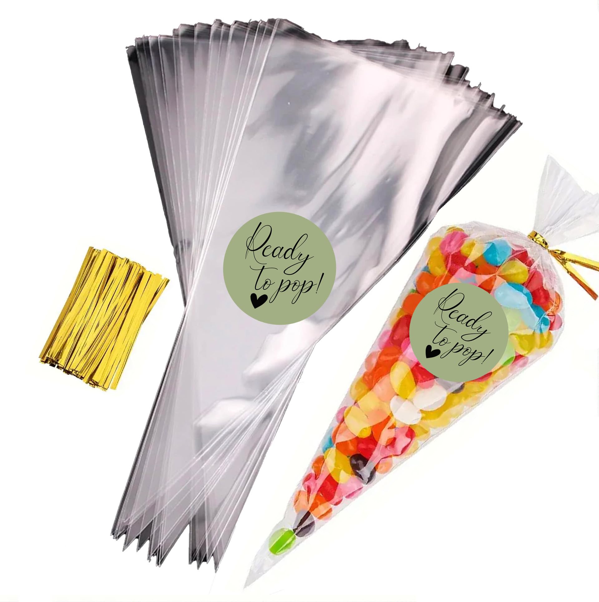 Sweet Cone Bags with Coloured Ties | Triangle Clear Cellophane Bags | Food Sweet Candy Popcorn Snacks | Brithday Baby Shower Fayres Events Festivals