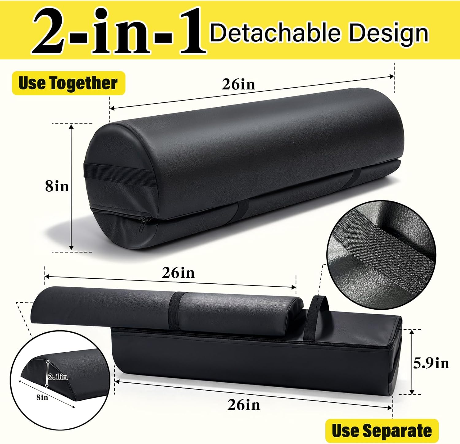 Massage Table Bolster Pillow with Strap Handle, 26 x 8 x 8 In Adjustable Bolster Pillow PU Leather, 1/4 & 3/4 Round Bolster Use Separately or Combine for Leg Neck Knee Support & Pain Relief, Black