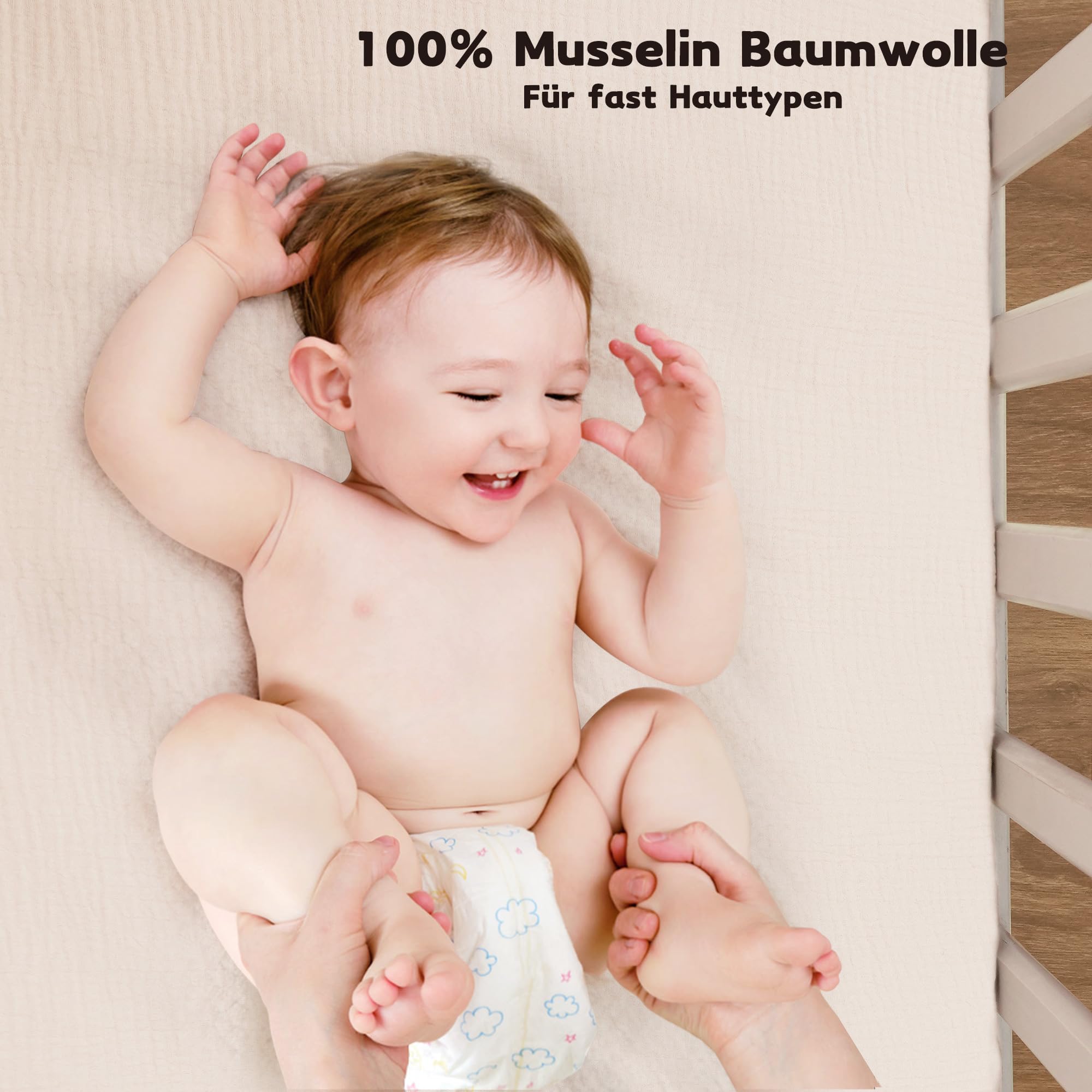 Susurration 100% Baumwolle Musselin-Spannbettlaken 2er Set Kinder Spannbettlaken,Baby-Bettlaken Reisebett Spannlaken Beistellbett Leintücher 60x120cm (Beige Farbene)