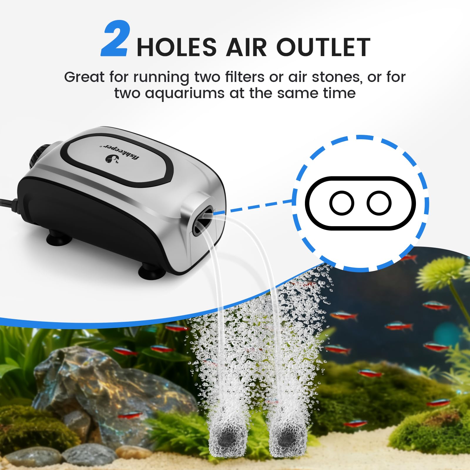 fishkeeper Pompe à air silencieuse pour aquarium 3 W/5 W, compacte et puissante à double sortie avec débit d'air réglable, kit de diffuseur d'air pour aquariums de 1 à 600 l (gris argenté, nouveau