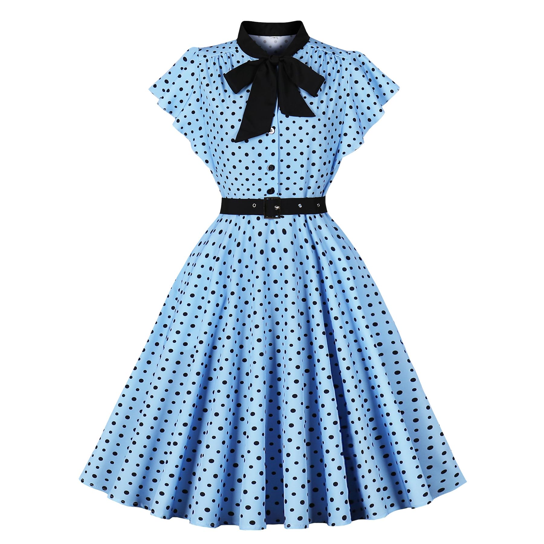 Wellwits Robe Femmes Vintage Pois Manches Volantées Nœud Papillon