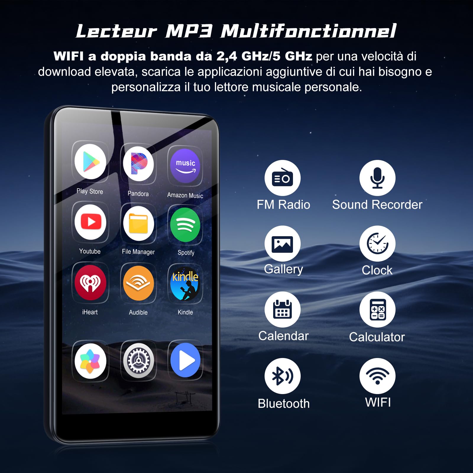 160GB MP3 Player mit Bluetooth und WiFi, MP3 Player Spotify, Android 13, 4,02 Zoll 1080P Touchscreen MP4 Player, tragbarer Musikplayer, Audible, Amazon Music, Player Store, erweiterbar auf bis zu 1TB