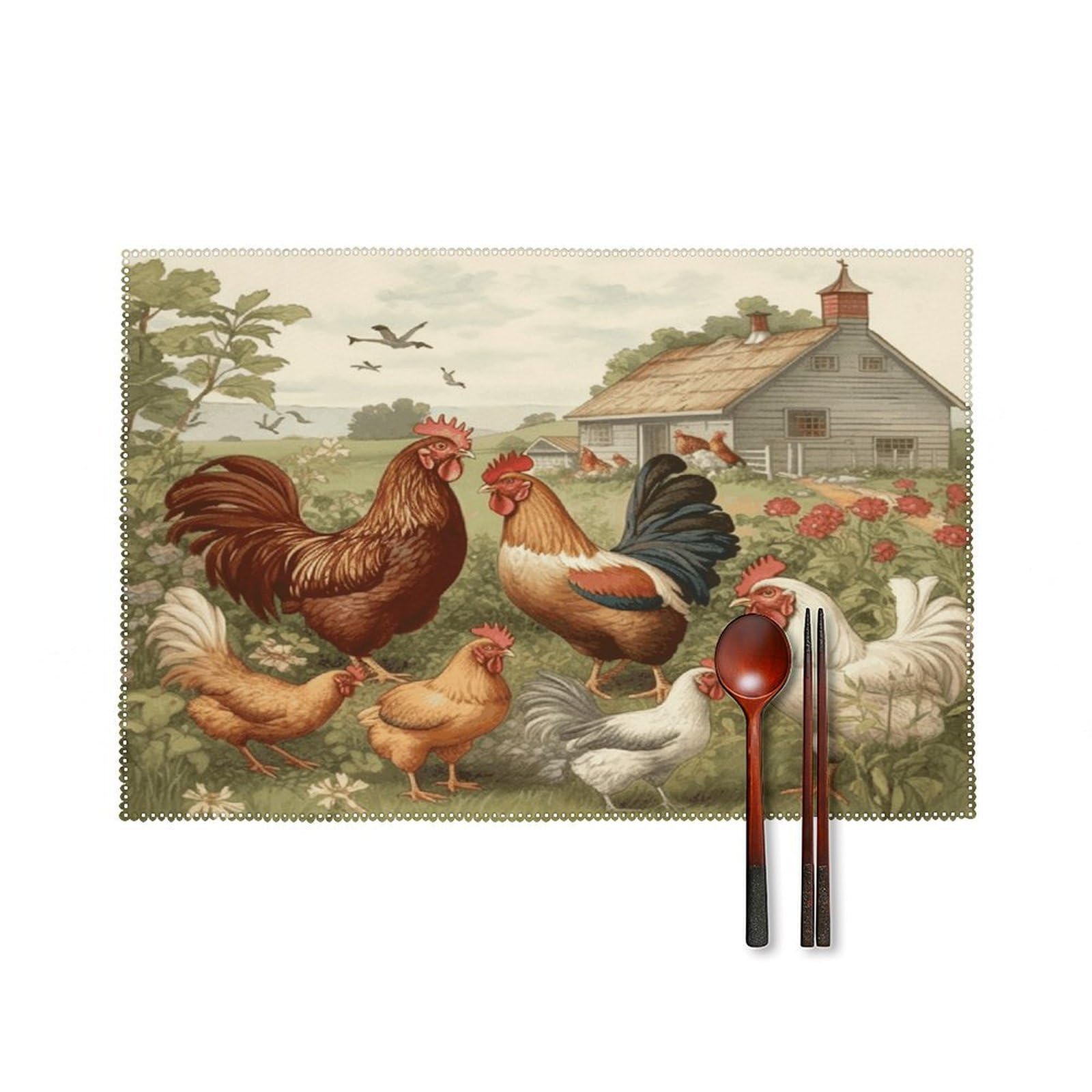 Chickens and Farm Placemats Set of 6 Washable Heat Resistant Non-Slip Place Mats Easy Clean Table Protective Placemats Farmhouse Decorate Dining Table Mat for Kitchen 12X18In